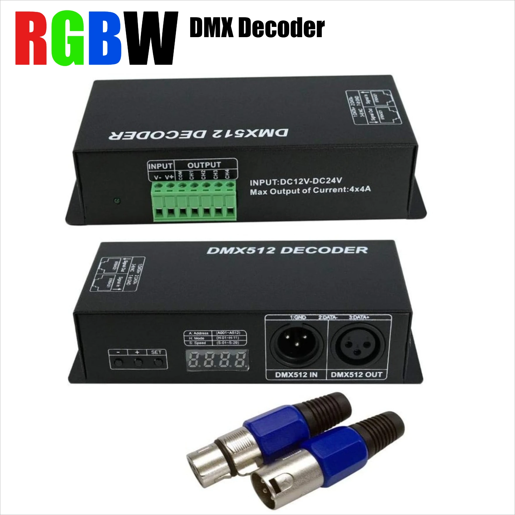 LED DMX 4CH Digital Display Decoder, Dimming Driver LED DMX512 Decoder for RGBW Strip Light DC12-24V 4A/CH