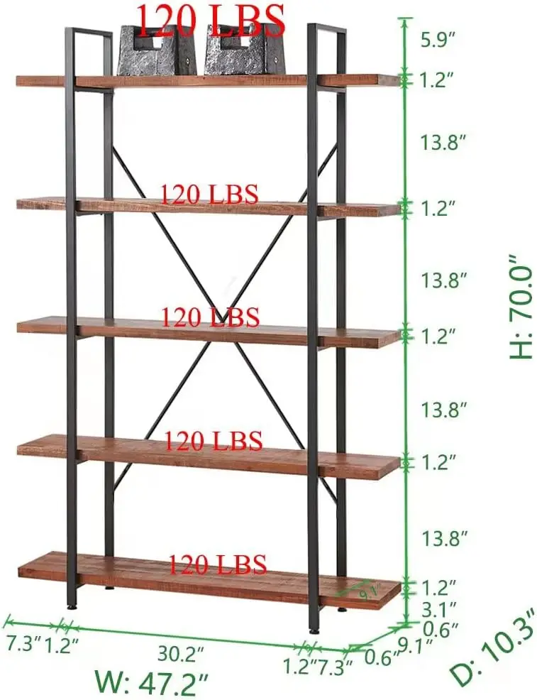 Natural Real Wood Bookcase, 5 Tier Industrial Rustic Vintage Etagere Bookshelf, Open Metal Farmhouse Solid Wooden Book Shelf