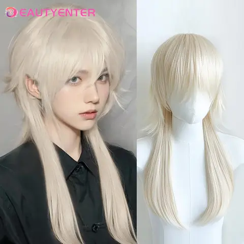 메일리 파티 코스프레용 짧은 합성 스트레이트 가발, 골든 블랙, 푹신한 천연 늑대 꼬리 머리, 남녀 가발