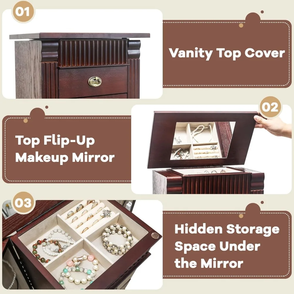 7 Drawers Standing Jewelry Cabinet Armoire, Jewelry Organizer with Top Flip Mirror, Stand Jewelry Box with 2 Side Swing Doors