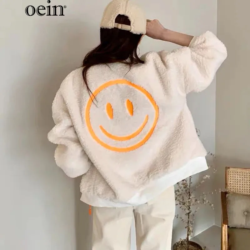 

[oein] Autumn And Winter New American Style Imitation Lamb Plush Smiling Face Embroidered Baseball Jacket For Women