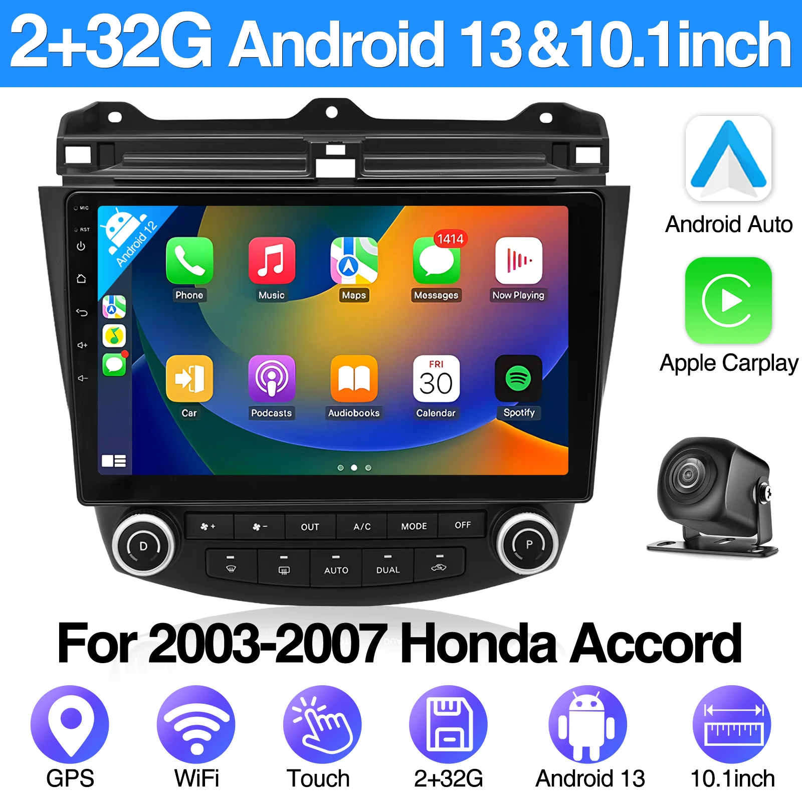 

10,1-дюймовая Android13 беспроводная автомобильная камера Carplay Android с навигацией заднего вида «все в одном» 2 + 32G CarPlay GPS для Honda Accord 03-07