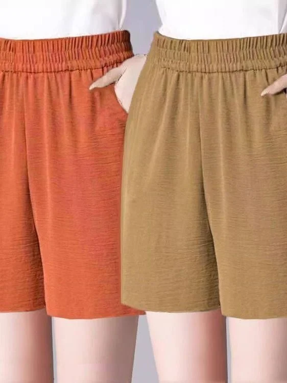 여성 여름 아이스 실크 와이드 레그 팬츠 얇은 신축성 허리 캐주얼 바지 엄마용 티셔츠-쿼터 길이 폴리에스터 섬유