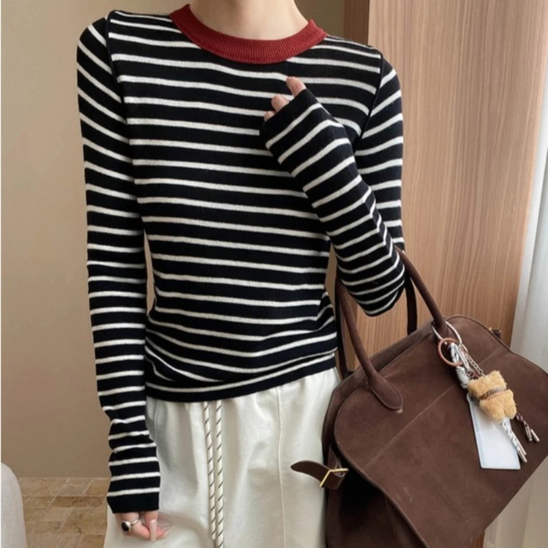 

Pullovers Women Sweaters Round Neck Full Sleeve Jumpers Y2k Streetwear Elegant Casual Knit Striped Slim Fit Autumn Winter