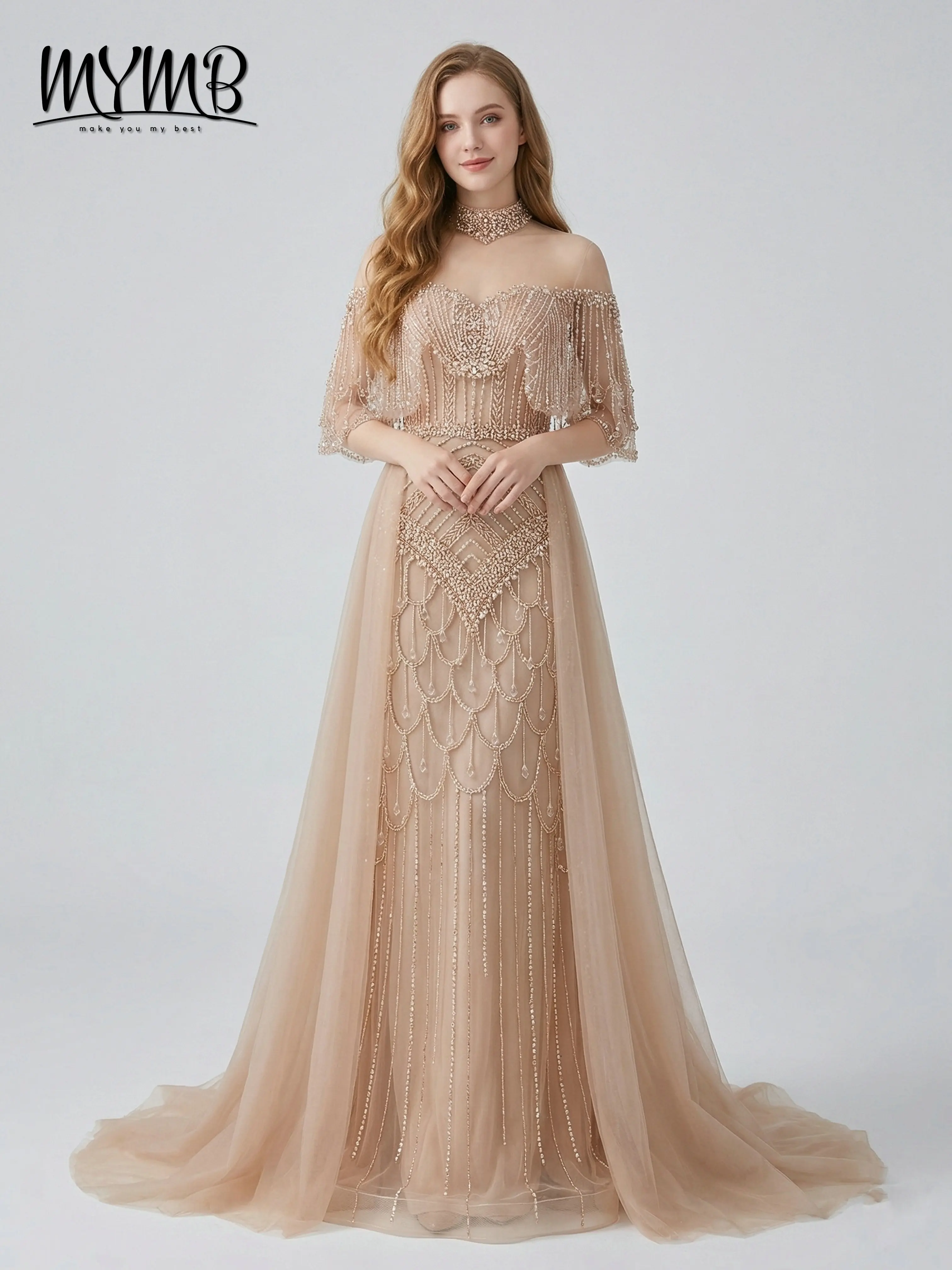 MYMB Luxury Champagne Evening Dresses 2026 High Neck Handmade Beaded Tassel Formal Gowns Mermaid Crystal Pageant Party MC20143