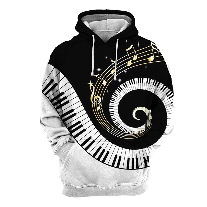 3D Print Piano Guitar Hoodie For Men Musical Instrument Pattern Long Sleeve Pullover Sweatshirts Street Hooded Coat Male Clothes