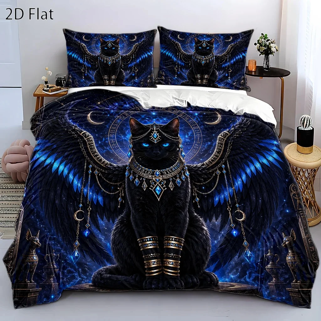 3-Piece Mysterious Egyptian Style Black Cat Wings Starry Sky Duvet Cover Set, Three-Piece Bedding Set (1 Duvet Cover + 2 Pillowcases), Suitable for All Seasons, Machine Washable, Invisible Zipper, Large Double Bed Cover, Suitable for Home, Dormitory, Master Bedroom, Guest Room, Vintage Exotic Style Blue Diamond Embellished Cat Bedding, Dreamy Cosmic Totem Bedding, Light Luxury Black and Gold Winged Cat Bed Cover Set, Egyptian God Element Bed Sheet Set, Foreign Trade Hot-Selling Mysterious Starry Sky Cat Duvet Cover Set