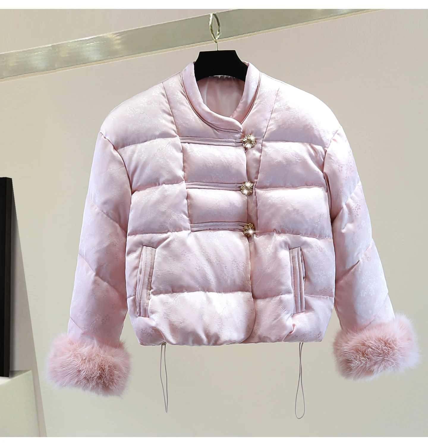 Nouveau Style chinois Jacquard cordon taille Cinch doudoune 2025 automne hiver détachable grande fourrure strass épaissi manteau