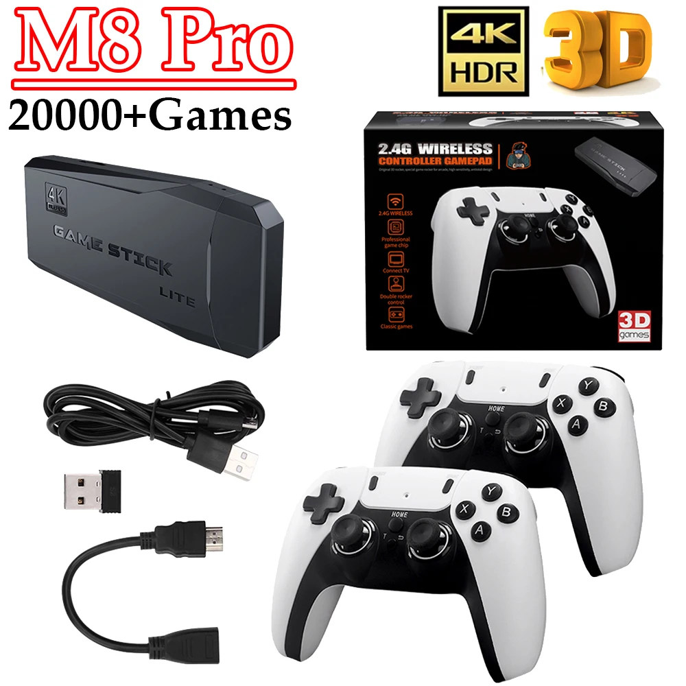 M8 PRO Video Game Console 2.4G Double Wireless Controller Game Stick 4K 20000 Games 32/64/128GB Retro Games Boy Christmas Gift