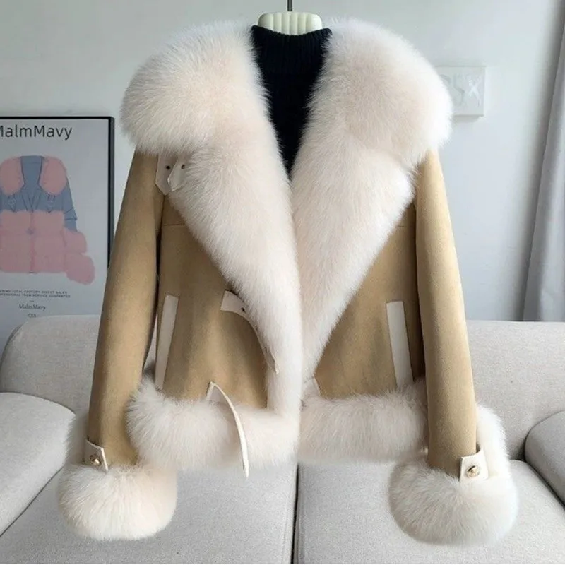 Fashion Imitation Fox Fur Grass Coat Women's Short Furry Coat Woolen Collar Thicke Warm Coats Winter Fur Coat Pink Outwear