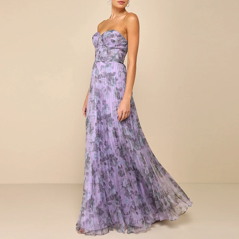 Female Casual Swing Holiday Party Dresses Strapless High Waist Pleated Bohemian Dress Spring Summer Backless Printed Long Dress