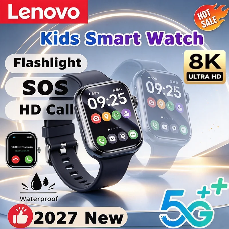 Lenovo 2027 Upgrade 5G Children Smart Watch GPS Video Call SIM Card SOS Waterproof Camera Watch For Boy Girl Add Earphone