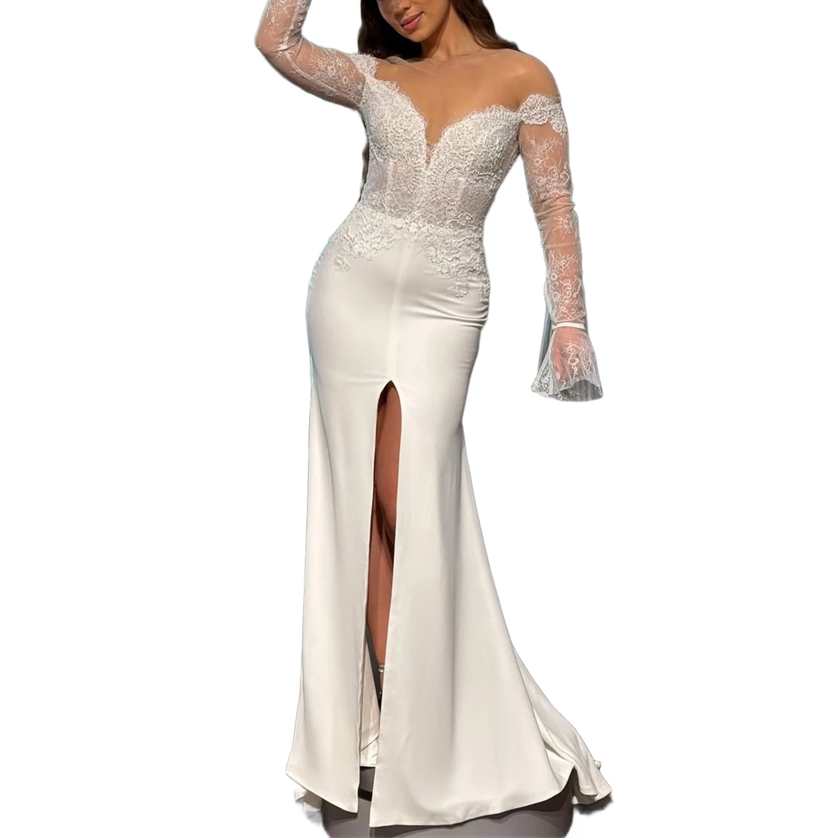 Romantische Satin-Langarm-Brautkleider mit Schleppe 2025, Meerjungfrau, V-Ausschnitt, Mantel, Brautpartykleid für die Braut, Vestidos Novia