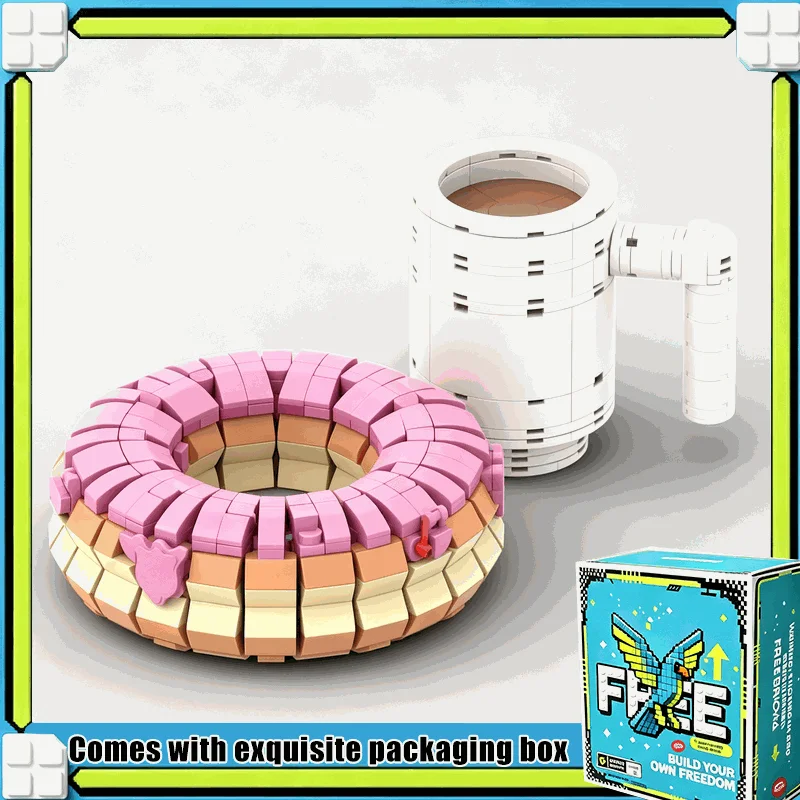 940PCS Pink Sprinkle Donut And Coffee Cup Model Building Blocks Custom MOC Dessert Food Display Creative Assembly Toy Gift