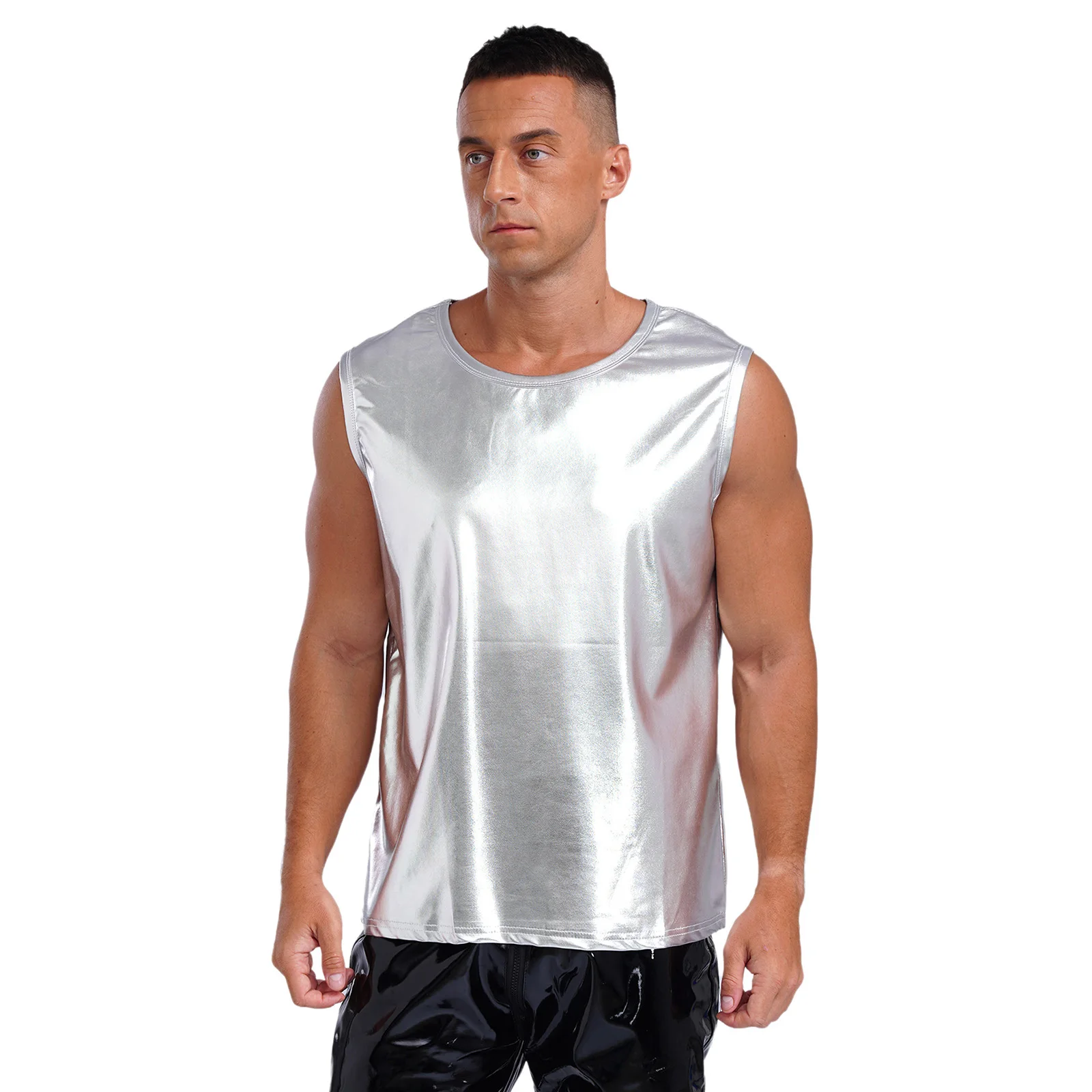 ผู้ชาย SHINY METALLIC Tank Top 70s DISCO Dance PARTY Clubwear เสื้อกั๊กเสื้อไนท์คลับเสื้อกล้าม TOP ชุดแฟนซีเครื่องแต่งกาย