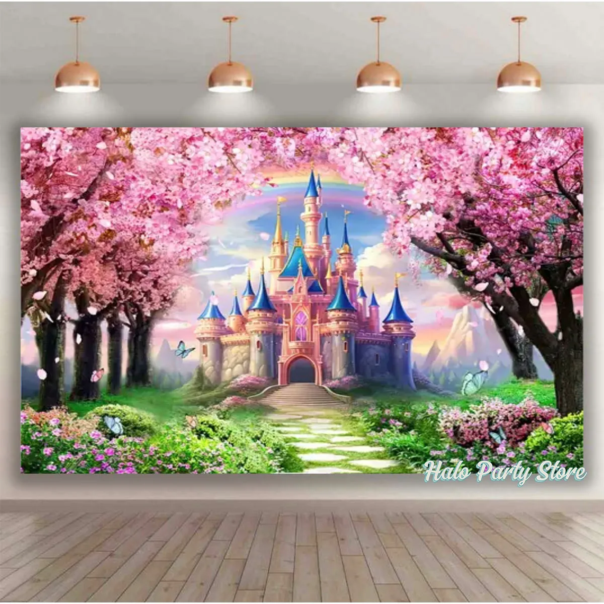 Pink Rainbow Castle Princess Birthday Party Backdrops Flowers Forest Backdrops For Photo Studio Princess Baby Shower Party Photo