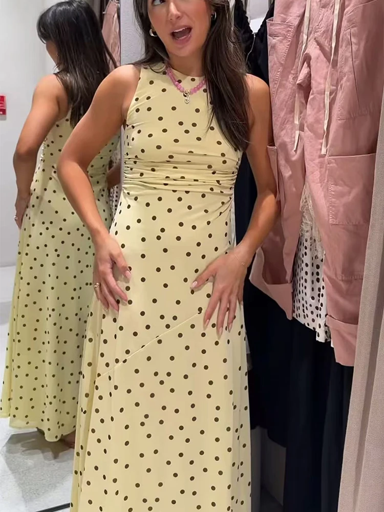 Sexy Vintage Polka Dot Langes Kleid für Damen, schicke Falten, elegante Midi-Freizeitkleidung, modische O-Ausschnitt, ärmellose, schmale Sommerkleidung