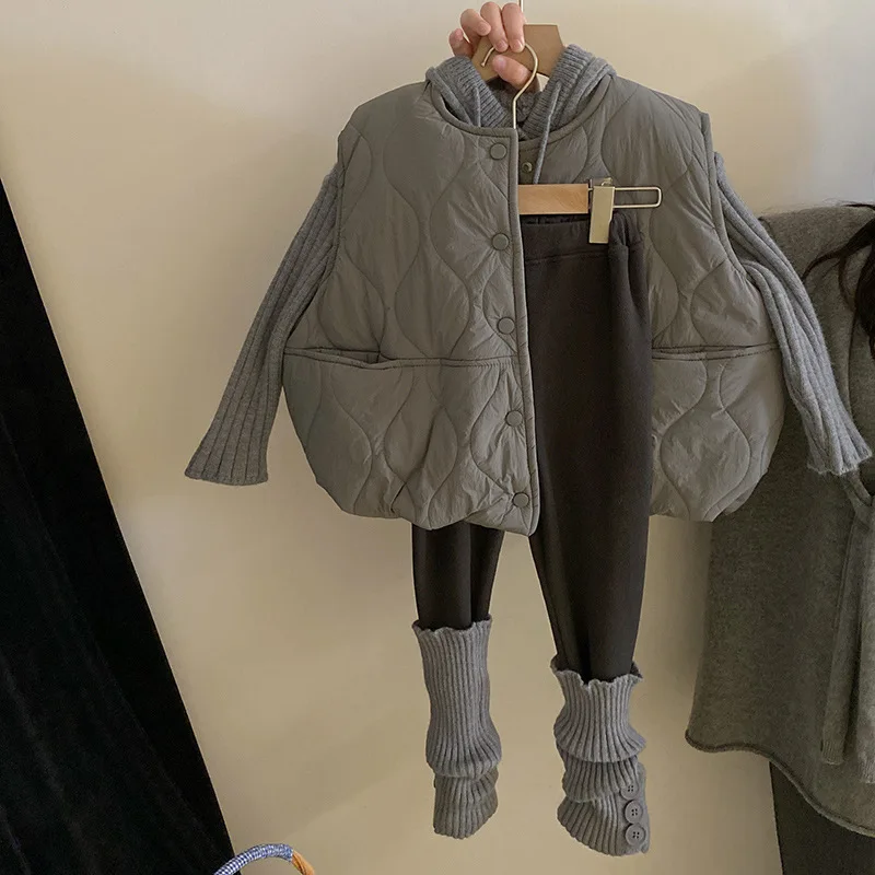 

Girls Hooded Knitted Sweater Thermal Padded Vest 2025 Autumn and Winter New Leggings Set