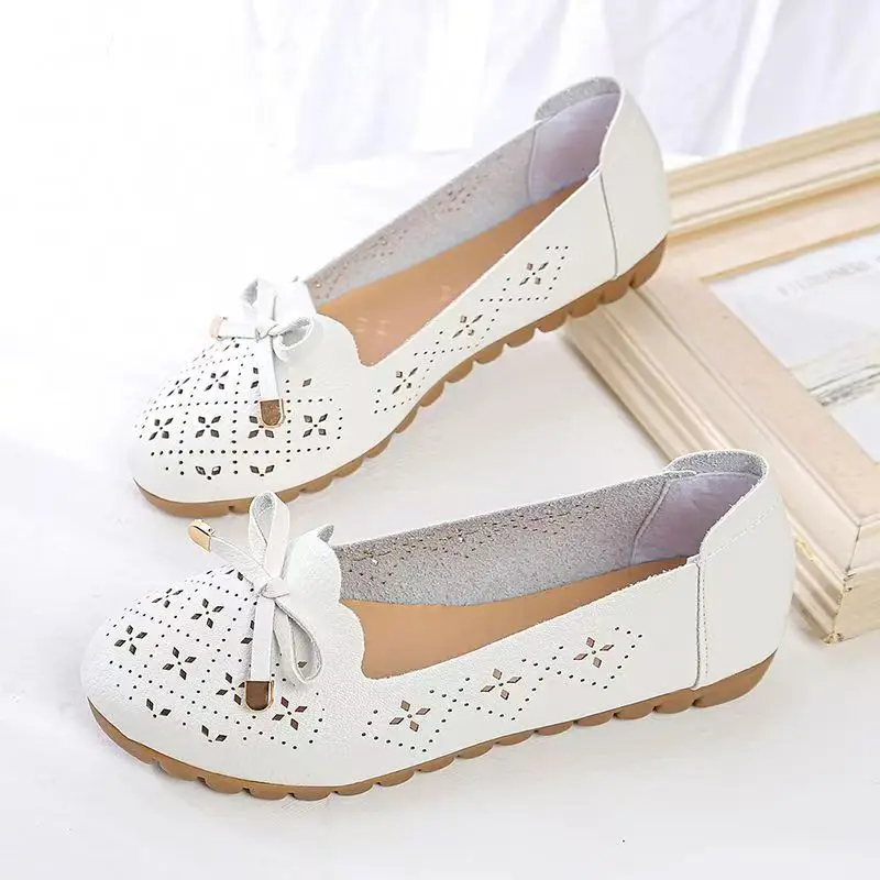 

Women Leather Hollow Out Bowknot Flat Sole shoes Summer New Soft Sole Lightweight Breathable Shallow Slip On Round Toe Nude Shoe