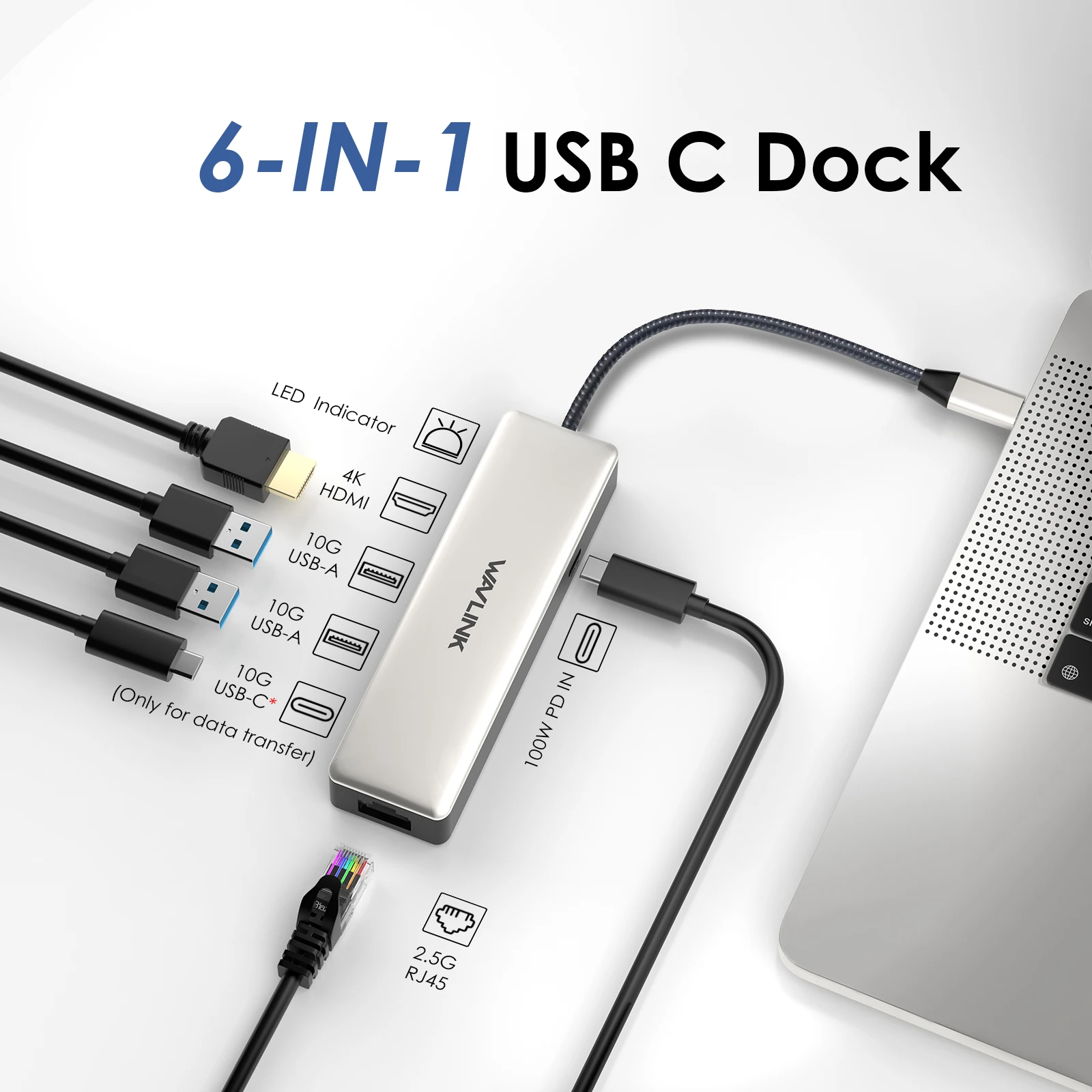 WAVLINK 6-IN-1 USB C To HDMI Docking Station With 2x10Gbps 100W PD IN 2.5G RJ45 For MacBook Pro/Air, iPad, Dell, HP, Lenovo