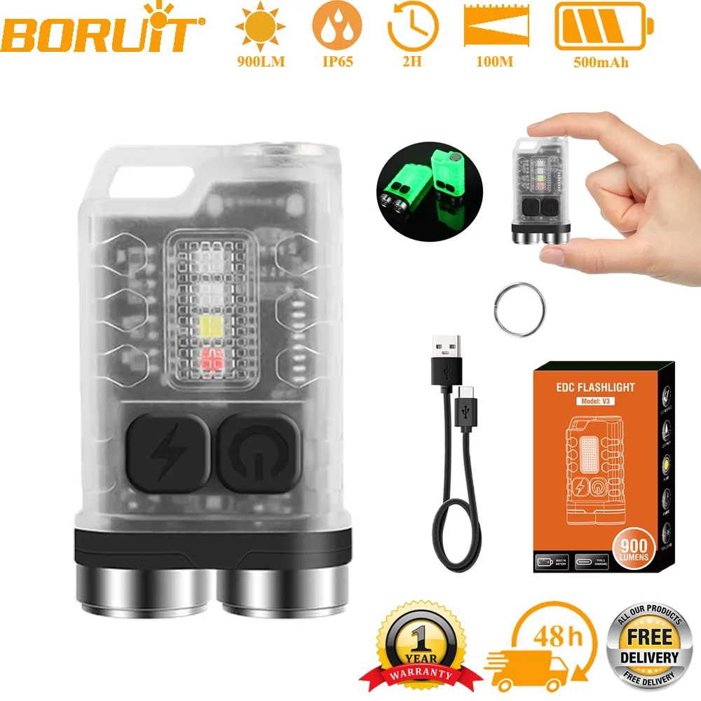 BORUiT V3 EDC Keychain LED Flashlight 900 Lumens Mini Torch Type-C Rechargeable Work Light With Magnet UV Camping Pocket Lantern