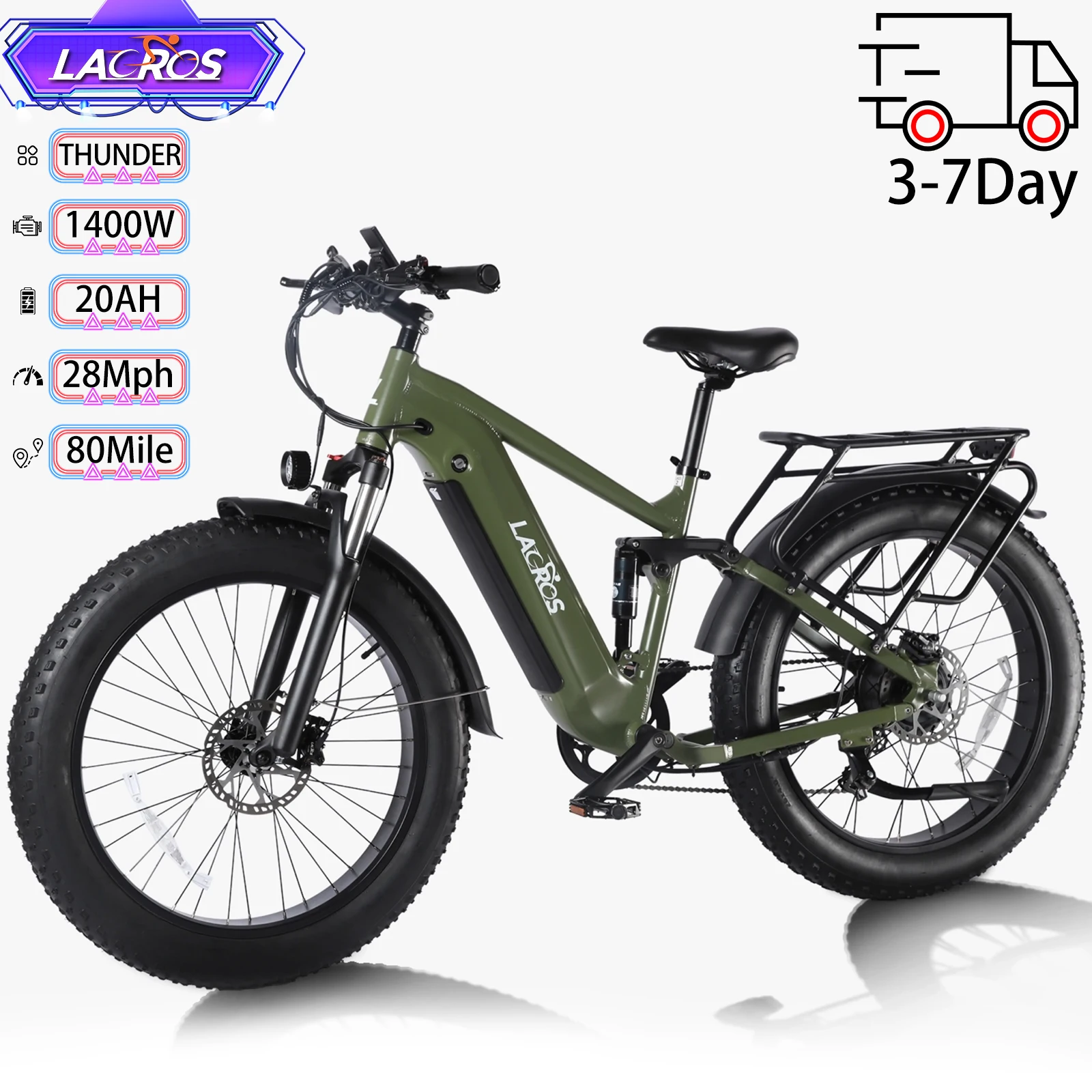 

LACROS Electric Bike For Adult 26x4.0 inch 1400W 28Mph 48V 20AH 80Mile 7 Speed City Commuter Electric Bicycle 2025 New