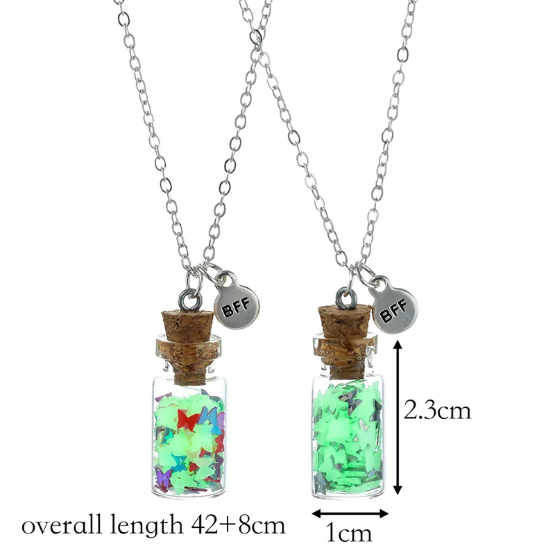 2Pack Butterfly Heart Star Luminous Sequins Bottle Pendant BFF Necklaces of 2 Friends for Girls Friendship Jewelry Gifts