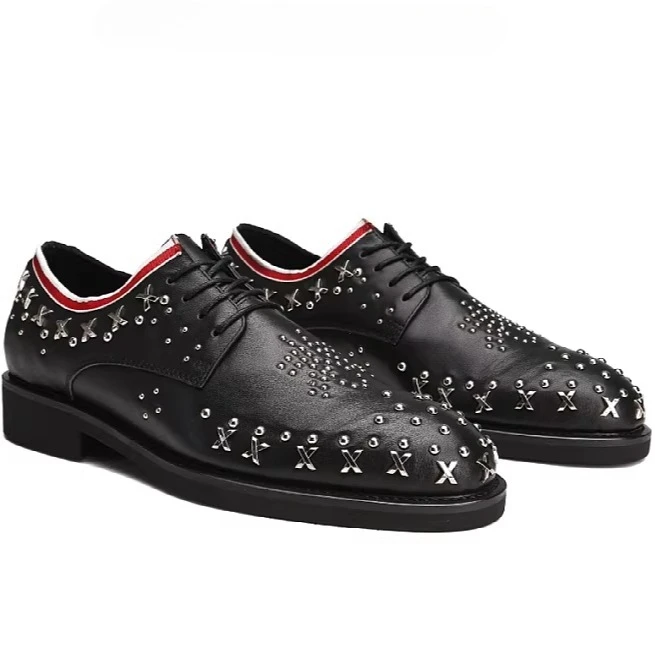 Rivets Derby Shoes for Men's Dress Shoes British Craftsmanship Design Genuine Leather Handmade Wedding Banquet Leather Shoes Man