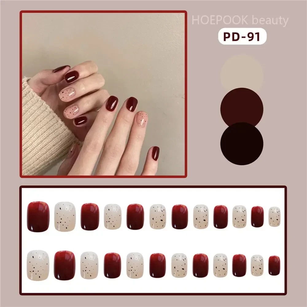 24pcs Wine Red Black Spot Short Round Coffin Fake Nails With Tools Reusable Full Cover Artificial False Nails Press On Nails Set