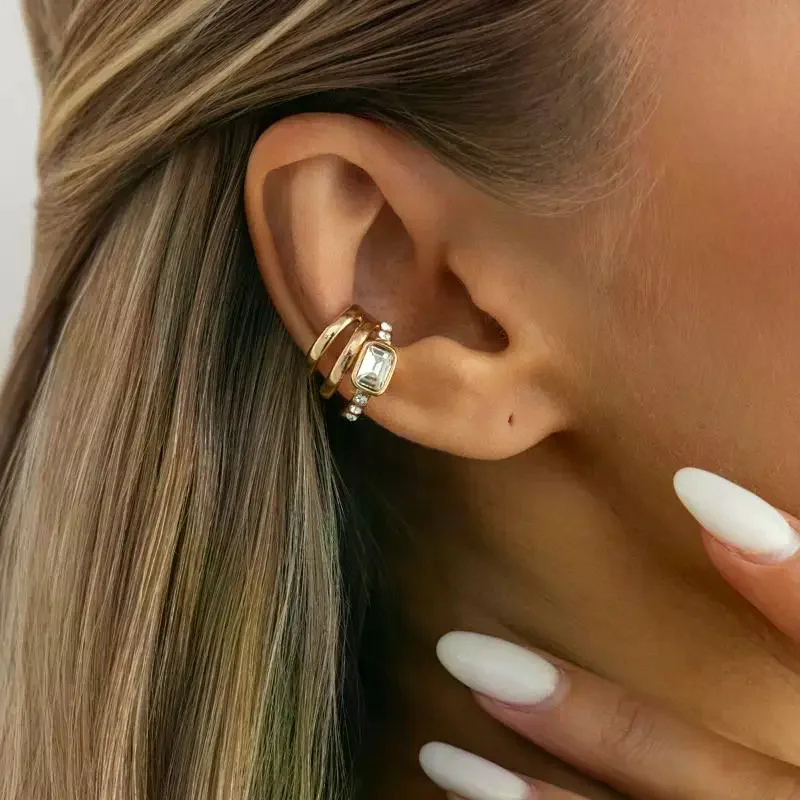 Multi-Layer C-shaped Ear Clip Silver Metal Triple Ring Clip Golded Irregular Shape No Piercing Earrings Cartilage Ear Cuffs