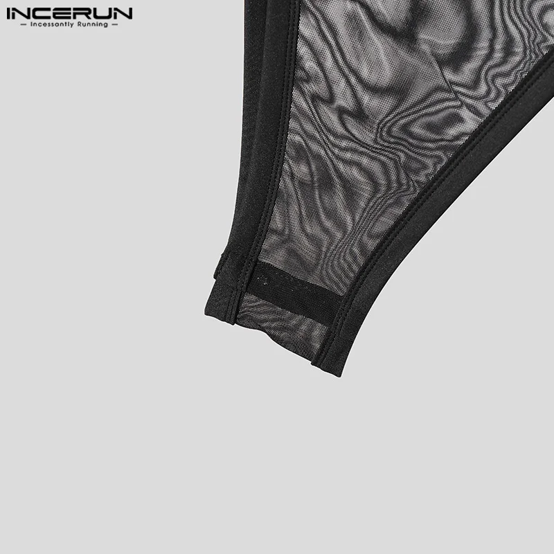 INCERUN الرجال داخلية الجوف خارج بلون شبكة انظر من خلال Playsuits الذكور السروال القصير مثير الدانتيل يصل ملابس بأكمام قصيرة ارتداءها