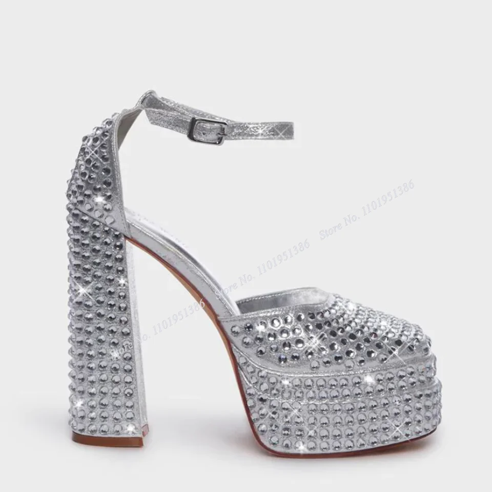 Moraima Snc Silver Crystal Platform Sandals Pumps Ankle Buckle Solid Shoes Sandals For Women Chunky High Heel Zapatillas Mujer