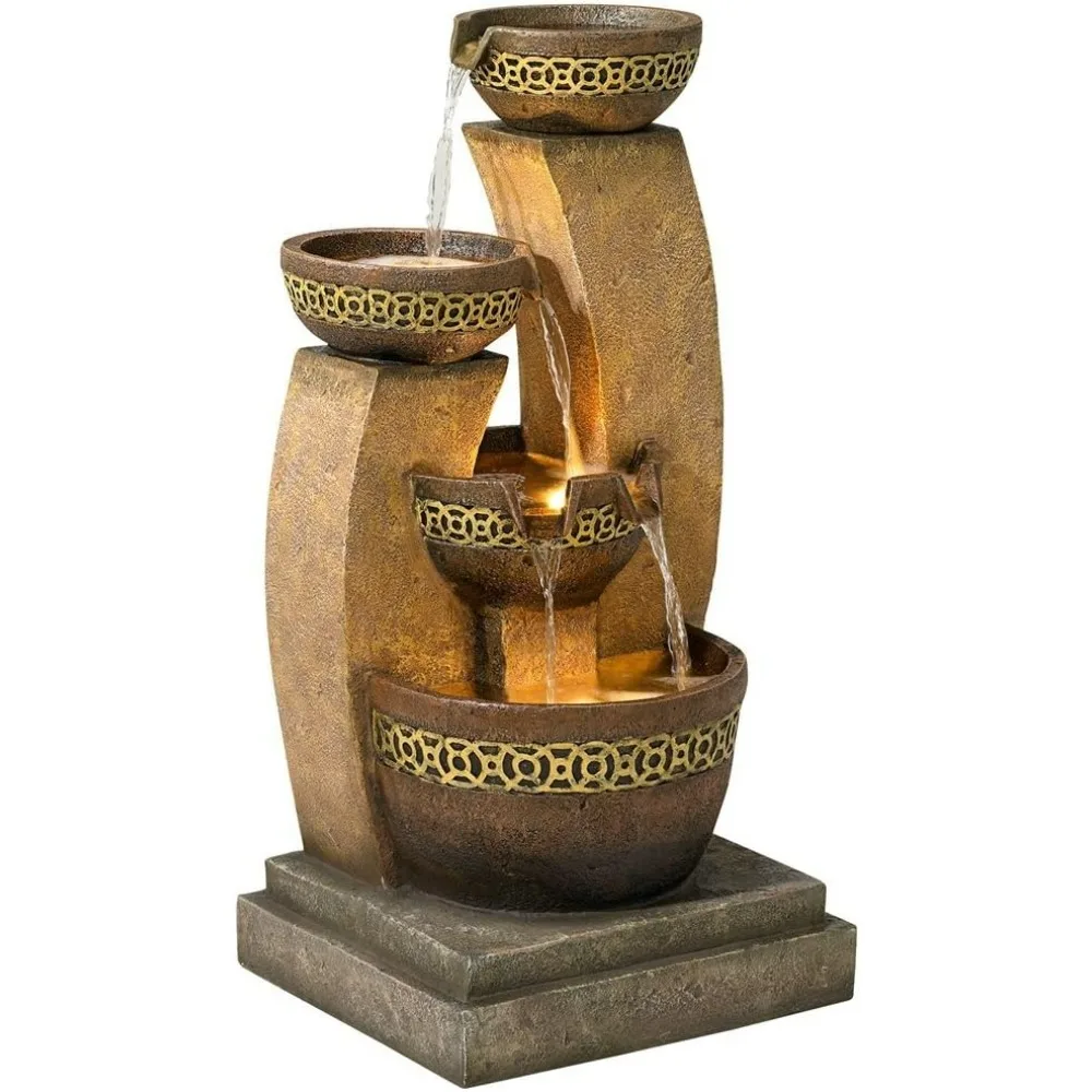 Four Bowl Modern Rustic Outdoor Cascading Floor Water Fountain with LED Light Faux Stone 41