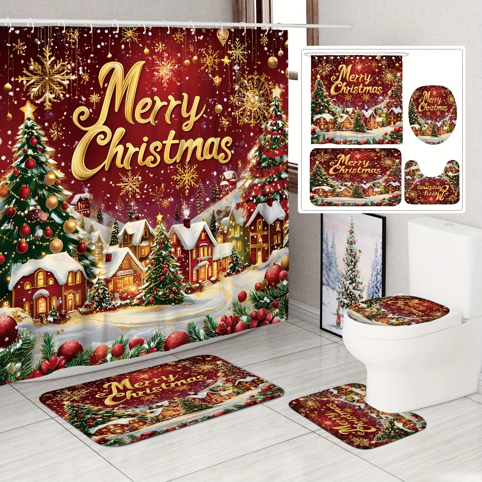 4Pcs Christmas Shower Curtain Set, Red Polyester Washable Unlined Woven, with 12 Hooks, Non-slip Bath Mat  Xmas Decor