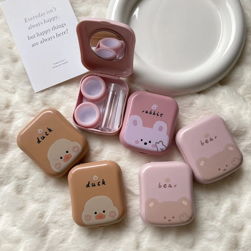 Fashion Cute Pink Little Bear Rabbit Duck Portable Contact Lens Case for Women Travel Holder with Mirror Contact Lenses Box