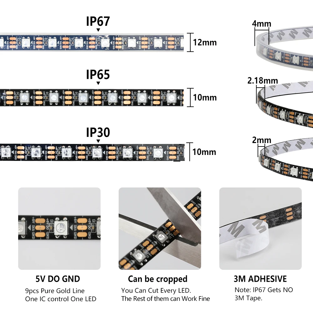 WS2812B inteligentna pikselowa taśma Led RGBIC DC5V USB indywidualnie adresowalny IC 30/60 pikseli/diody/m IP30/IP65/IP67 magiczne światło