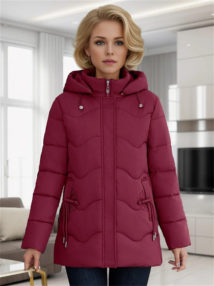 Winter Women\'s Coats Mid-Length Padded Jacket Solid Color Hooded Stylish And Elegant Padded Warm Jacket