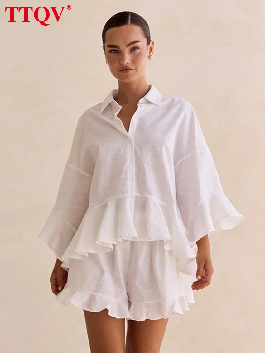 

TTQV Fashion Loose White Cotton Women's Two Pieces Set 2026 Elegant Long Sleeve Shirt With High Waist Shorts Set Female Clothing