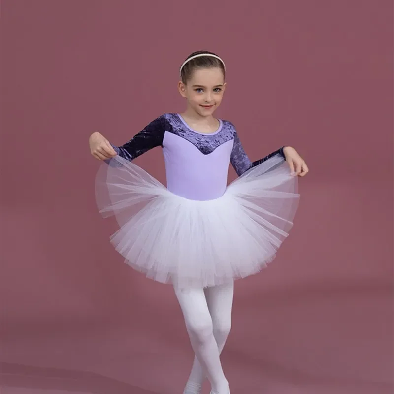 

Golden Velvet Leotard Girl Autumn Long Sleeve Warm Ballet Dancewear 4 Layers Fluffy Tutu Skirt Korea Princess Little Swan Outfit