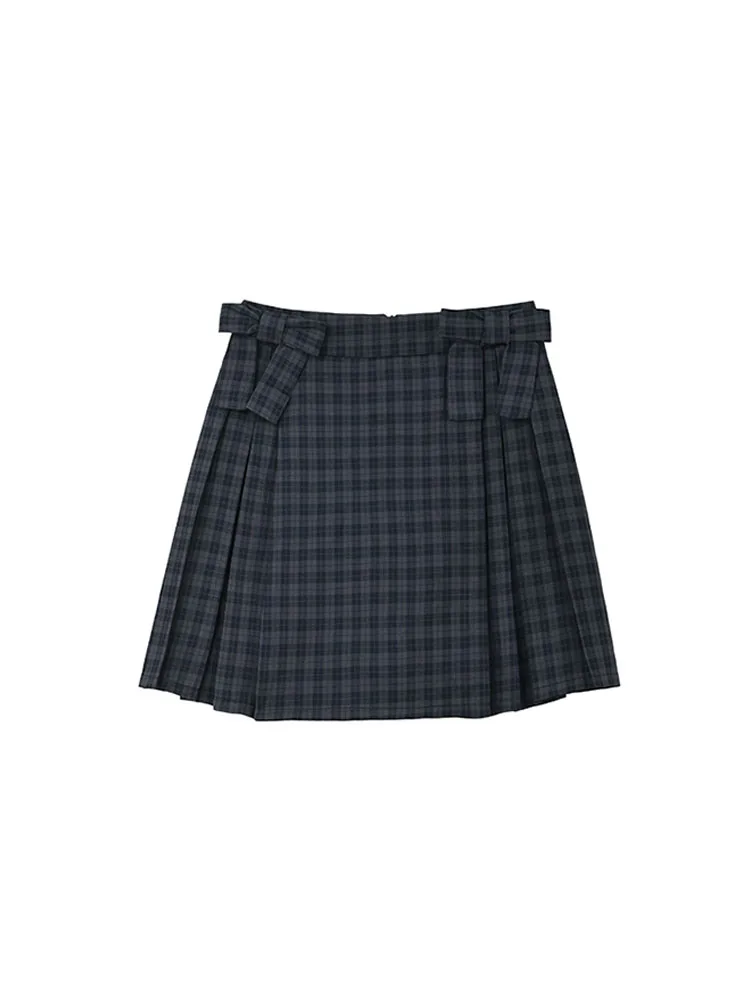 Korean Women Sweet Cute Outfits 2 Piece Skirts Set Polo-Neck Plaid Bow Crop Tops + Fashion High Quality Sexy Slim Pleated Skirt