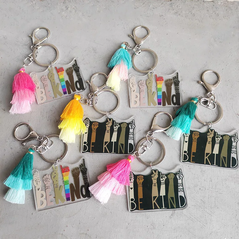 2022 Rainbow Color Bekind Tassel Keychain Pendant Acrylic Victory Gesture Colorful Fashion Gift Key Chains