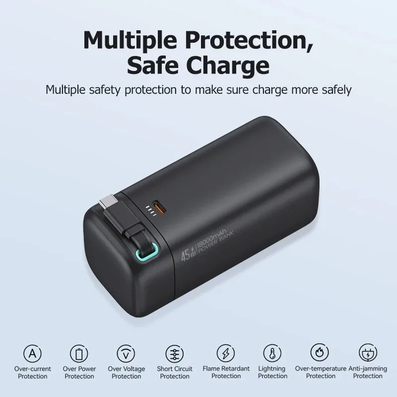 Banco de Potência Magnética com Cabo Retrátil, 45W, Tipo C, PD, Carregamento Rápido, Carregador Externo de Telefone Portátil, 18000mAh