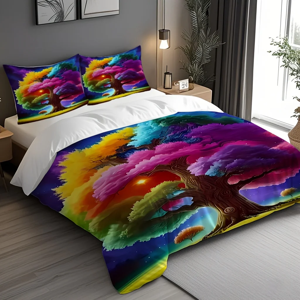 Ensemble de literie imprimé motif arbre arc-en-ciel 3 pièces, 1 housse de couette + 2 taies d'oreiller (housse de couette non incluse), frais et confortable, adapté pour une utilisation générale dans la chambre à coucher, les suites à thème hôtelier et les salons.