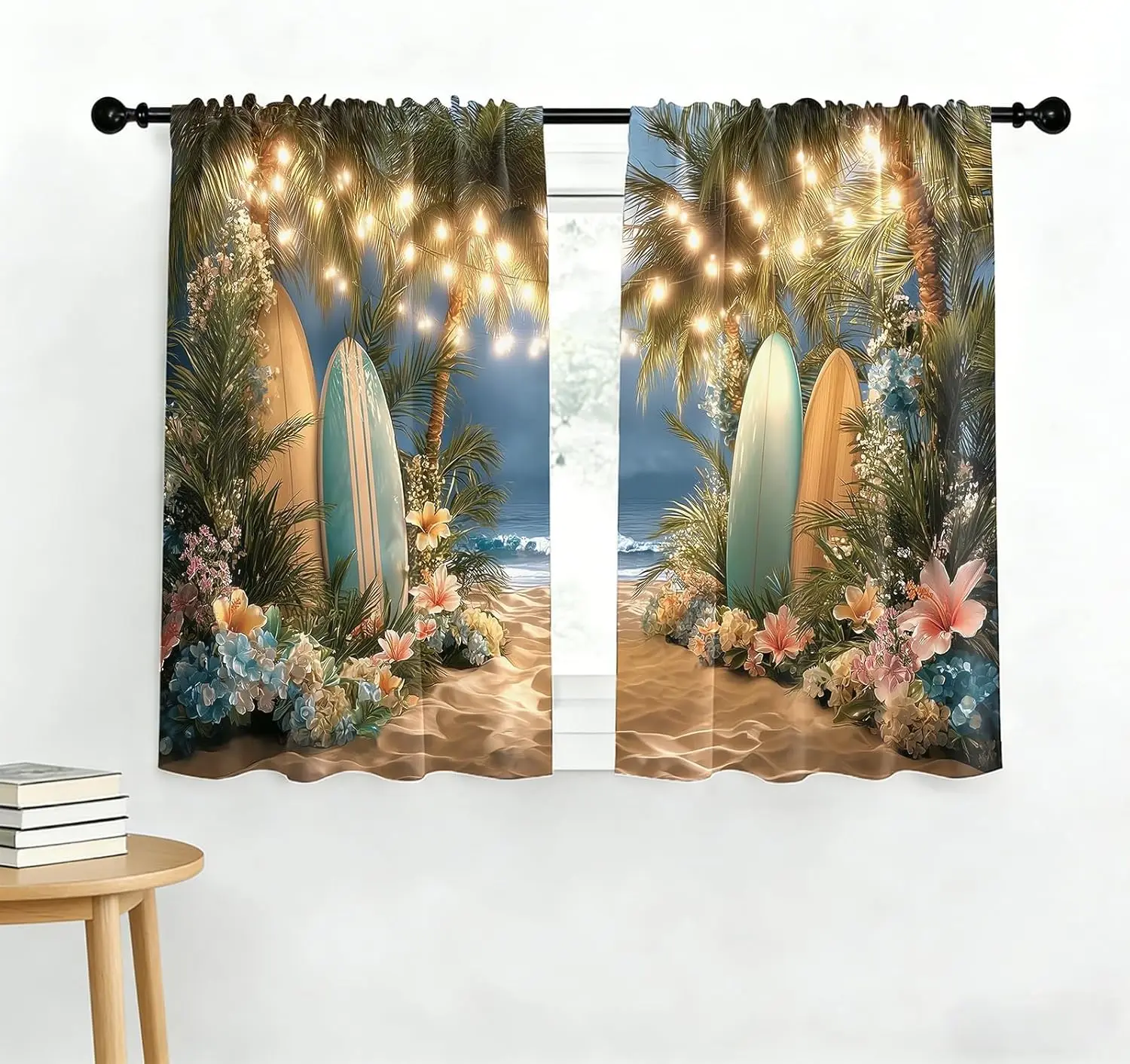 Tropical Coastal Beach Curtains Polyester Drapes Surfboard Palm Leaf Prints Summer Home Decor Window Curtain Shade Treatment