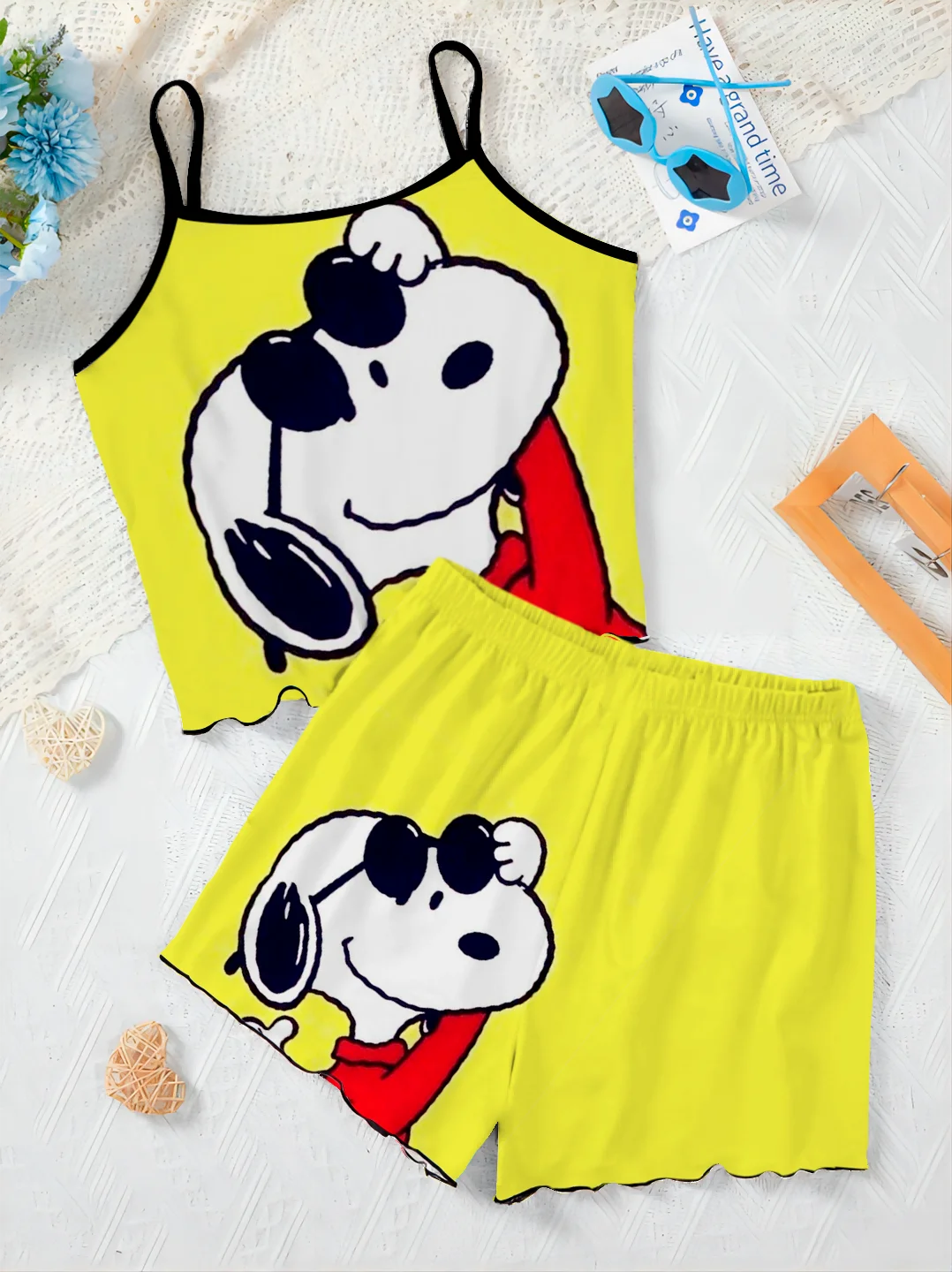 Eleganckie zestawy damskie dla kobiet 2-częściowy T-shirt Sałata Wykończenie Snoopy Disney Slip Dress Dwuczęściowy zestaw Top Krótki garnitur Bottom Disney