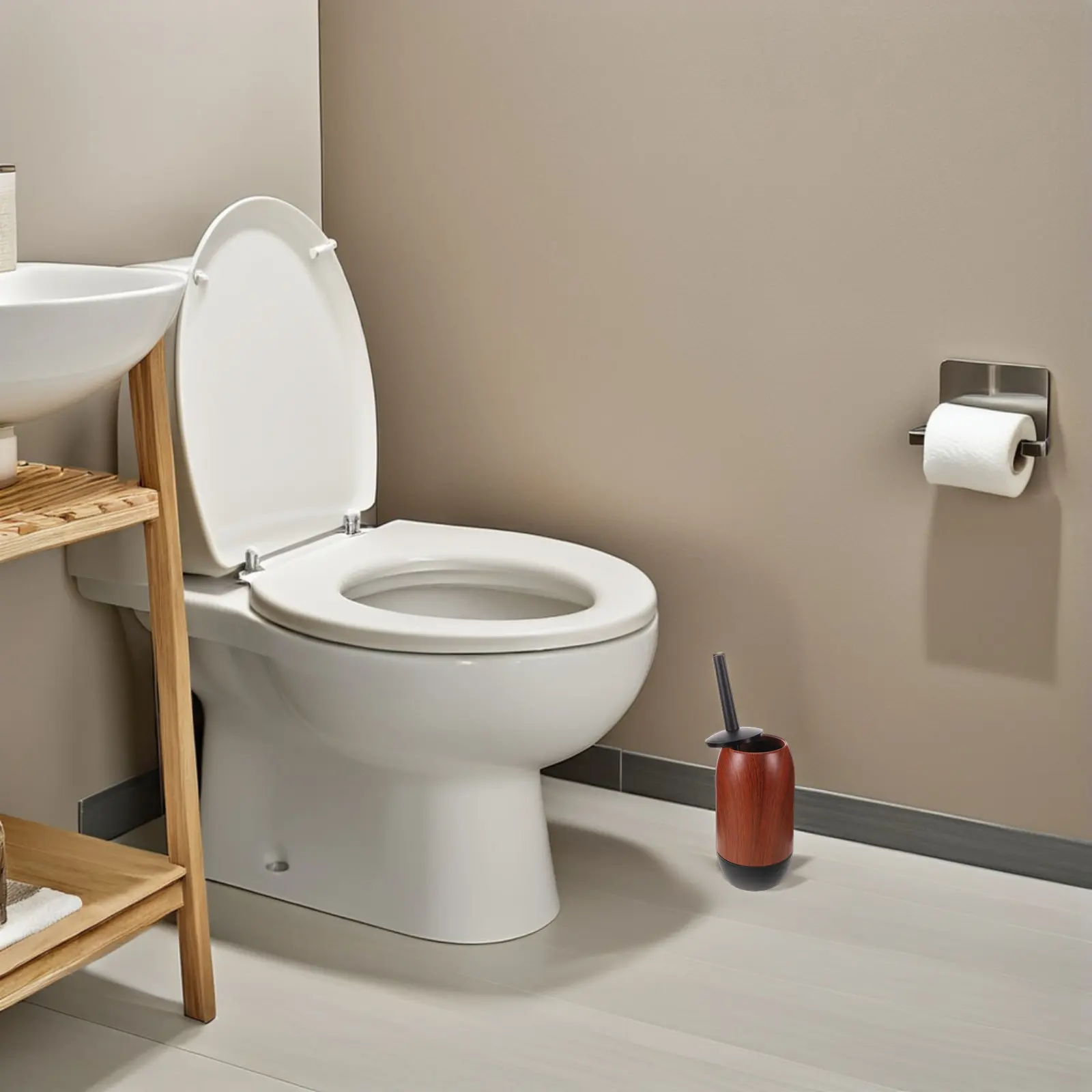 

Handled Toilet Brush and Cover Holder Long Handle Rustic Wood Grain Style Deep Cleaning Toilet Bowl Cleaner Bathroom Scrubber