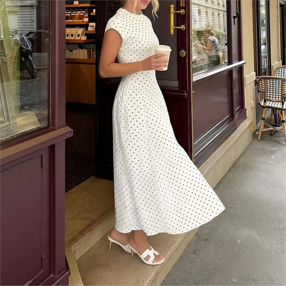 Summer Printed Polka Dot Women's Short Sleeve High Waist Dress 2026 New Fashionable Waist Elegant Female Party White Max Dresses view 3