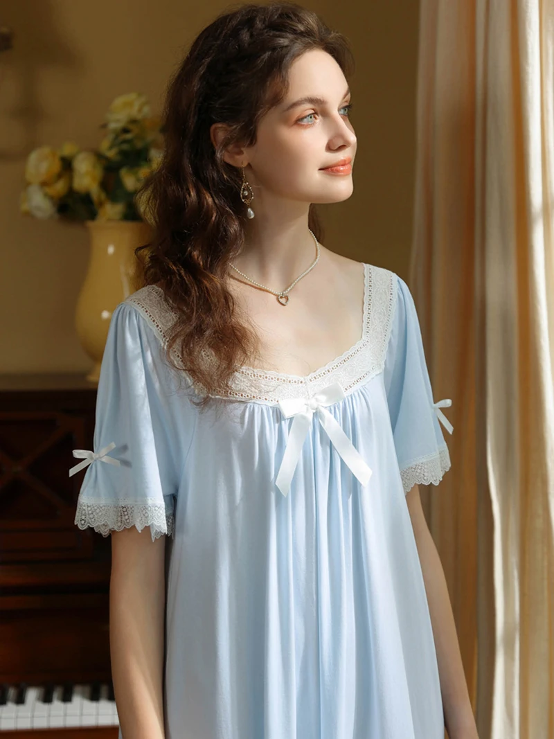 Women Victorian Nightgowns Cotton Sleeping Night Dress Short Sleeve Summer French Vintage Princess Lace Sweet Home Sleepwear