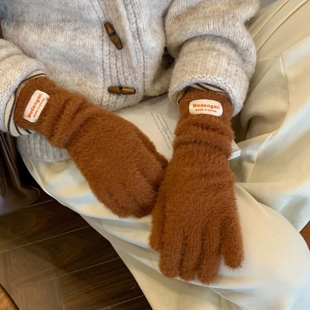 Y2K Weiche Plüsch-Fingerhandschuhe, künstliches Kaninchenhaar, winddicht, Bonbonfarben-Handschuhe, verdickt, wärmer, Anti-Kälte-Fäustlinge für den Außenbereich