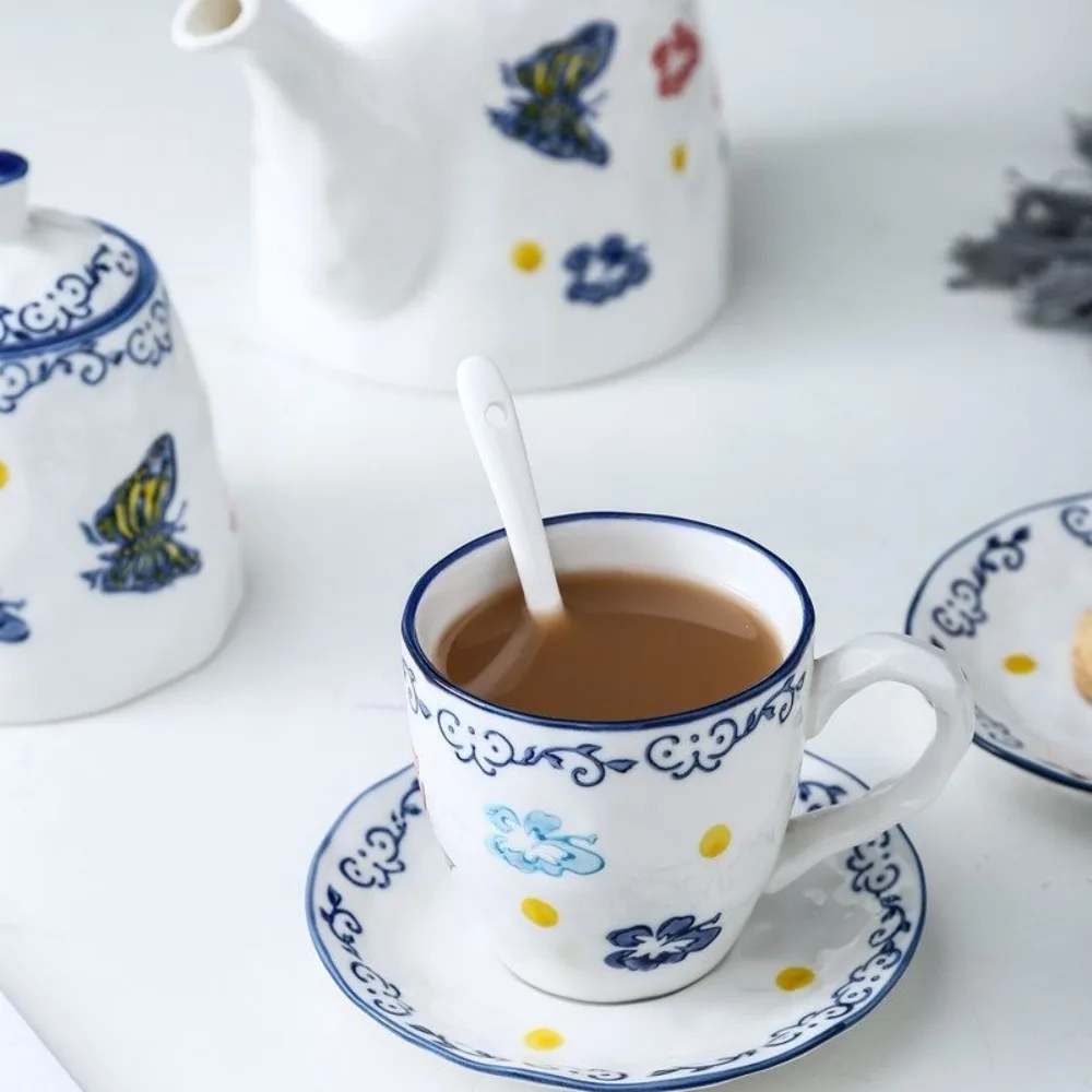 

Butterfly Flower Ceramic Coffee Cup,Milk Sugar Pot Teapot Family Set,High Value Mug European Afternoon Tea Household Drinkware